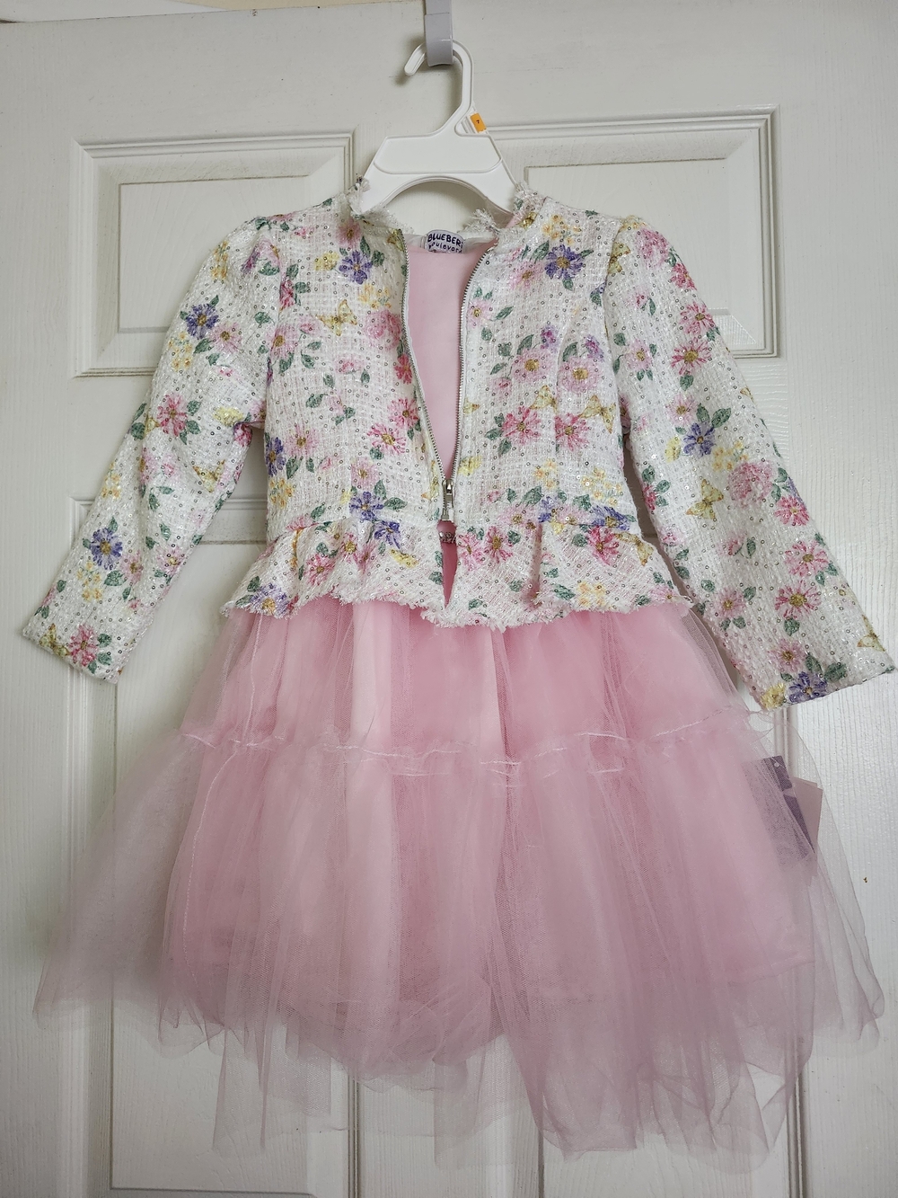 Blueberi Boulevard White Floral Sequin Jacket with Pink Tulle Dress